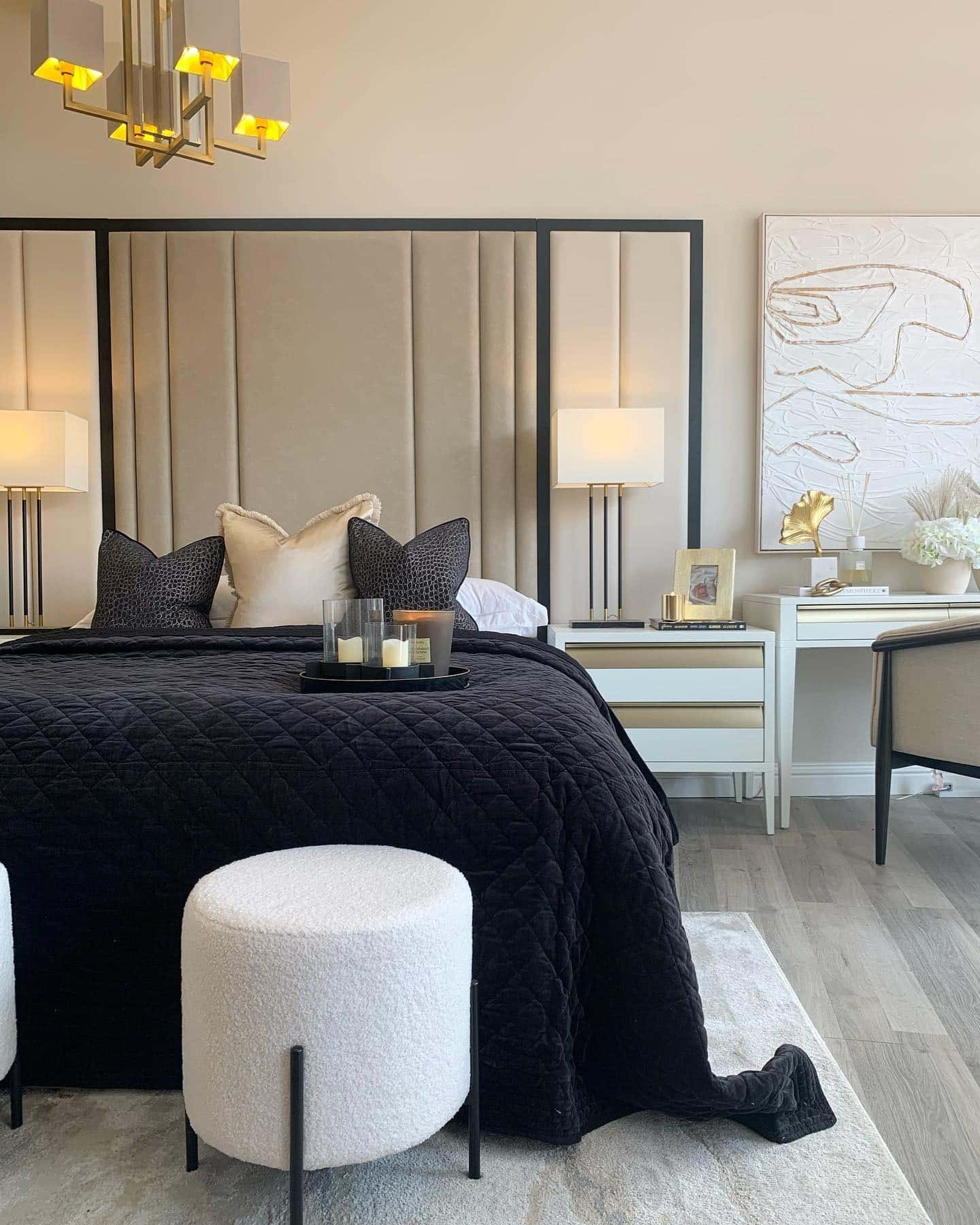 8. Contemporary Balance with Golden Warmth - black and gold bedroom ideas