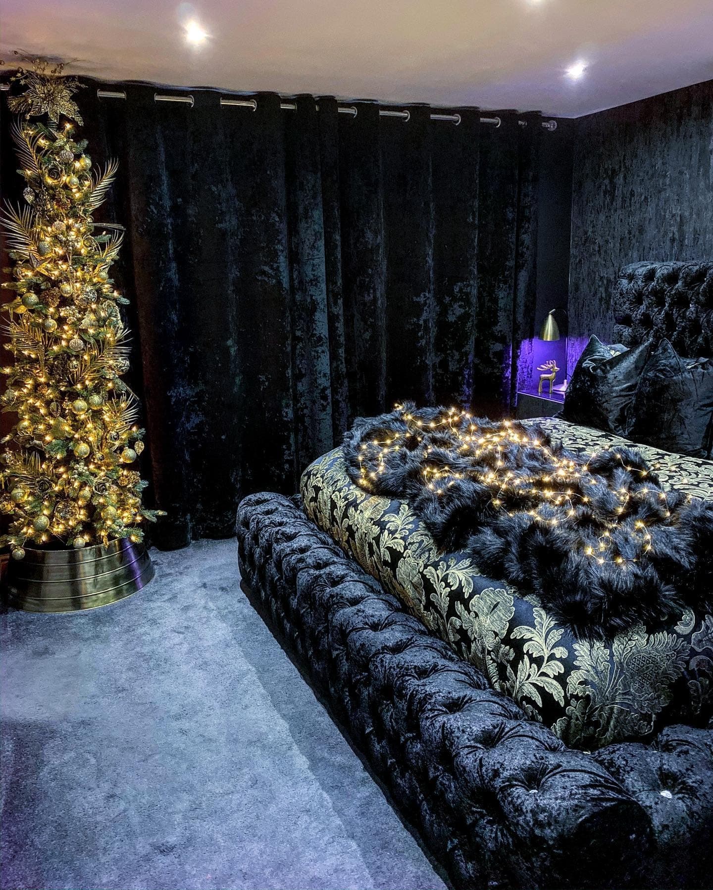 11. Velvet Luxe with Golden Glow - black and gold bedroom ideas