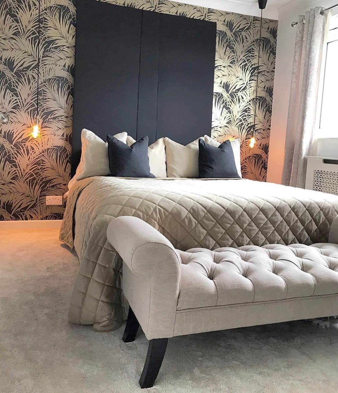 19. Classic Palm Print with Quilted Comfort - black and gold bedroom ideas
