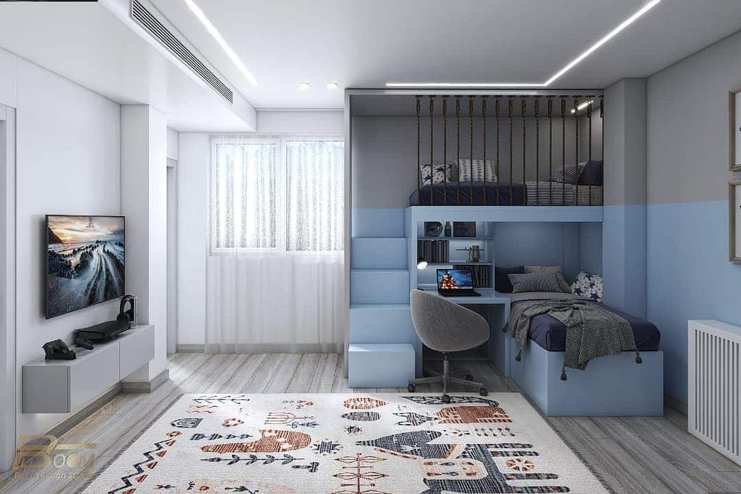 9. Functional Double-Level Design - navy blue and grey bedroom ideas