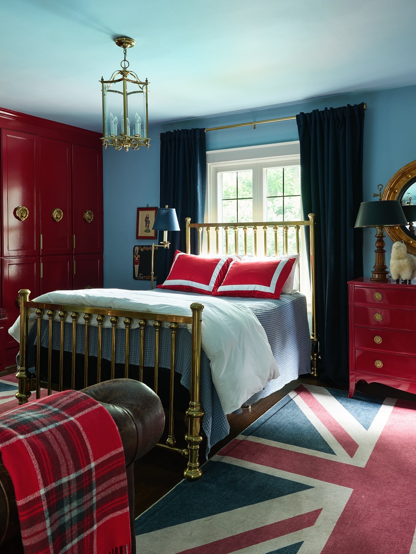 13. Heritage Style with Bold Navy and Red - navy blue and grey bedroom ideas