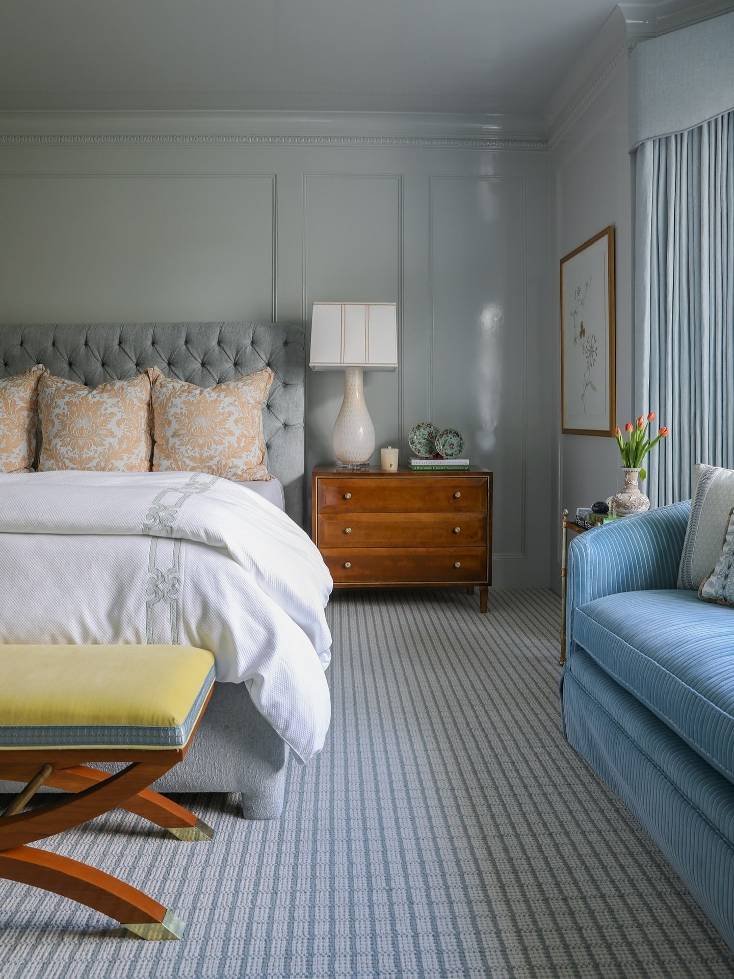 14. Tailored Tranquility with Textured Layers - navy blue and grey bedroom ideas