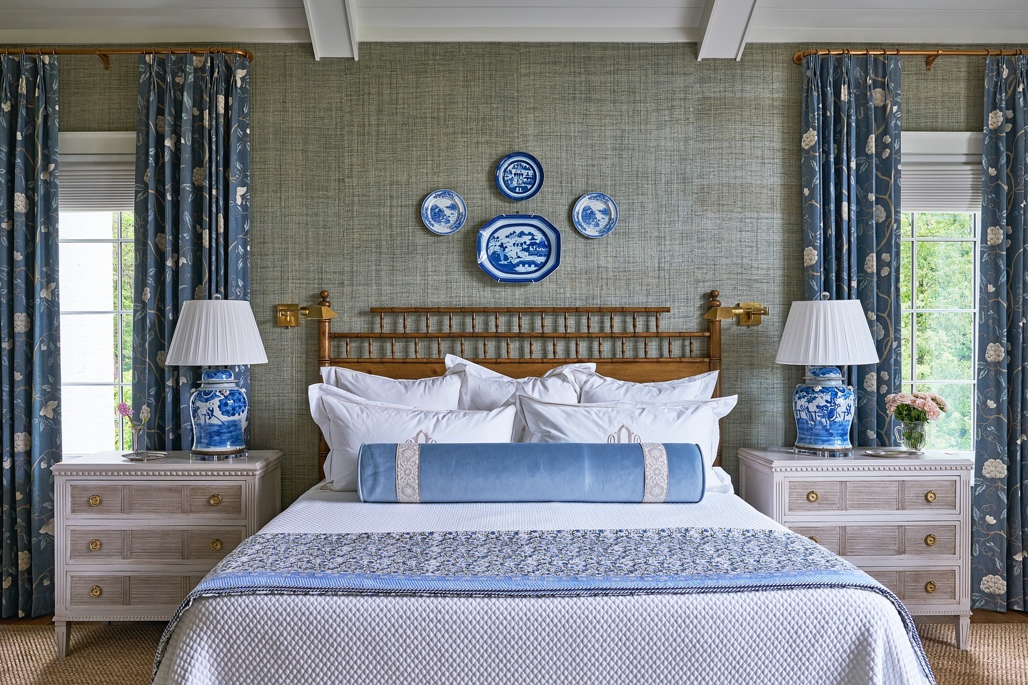 19. Traditional Balance with Blue Accents - navy blue and grey bedroom ideas