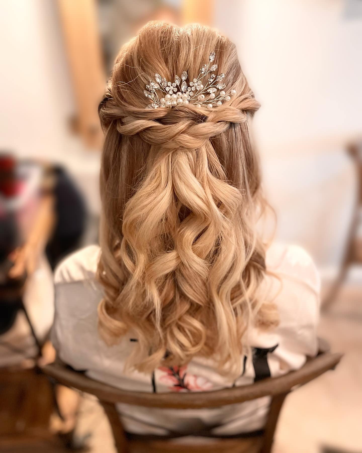 10. Braided Half-Up Blonde Curls with Crystal Clip - Wedding Hairstyles