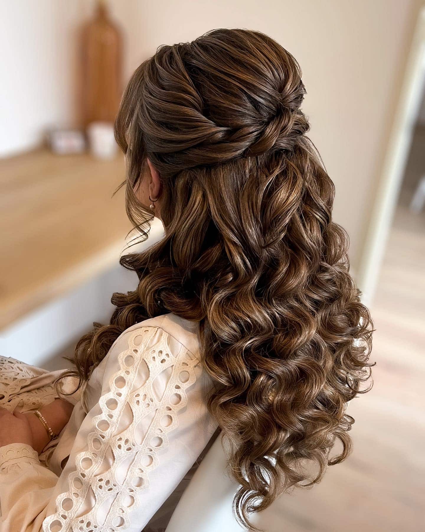 11. Chestnut Brown Half-Up with Defined Curls - Wedding Hairstyles