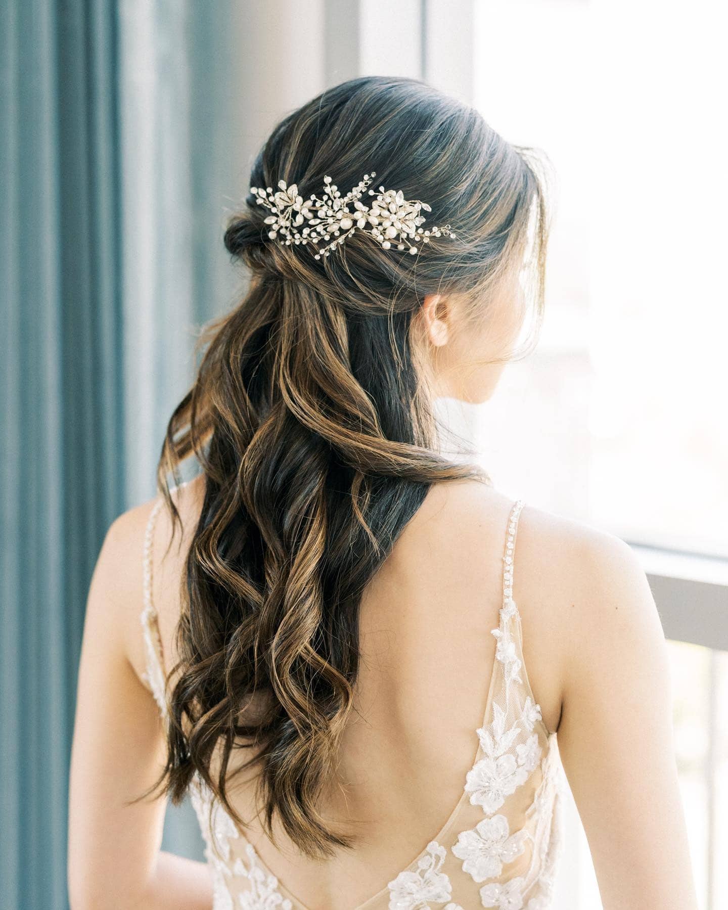 20. Half-Up Brunette Waves with Pearl Crystal Comb - Wedding Hairstyles