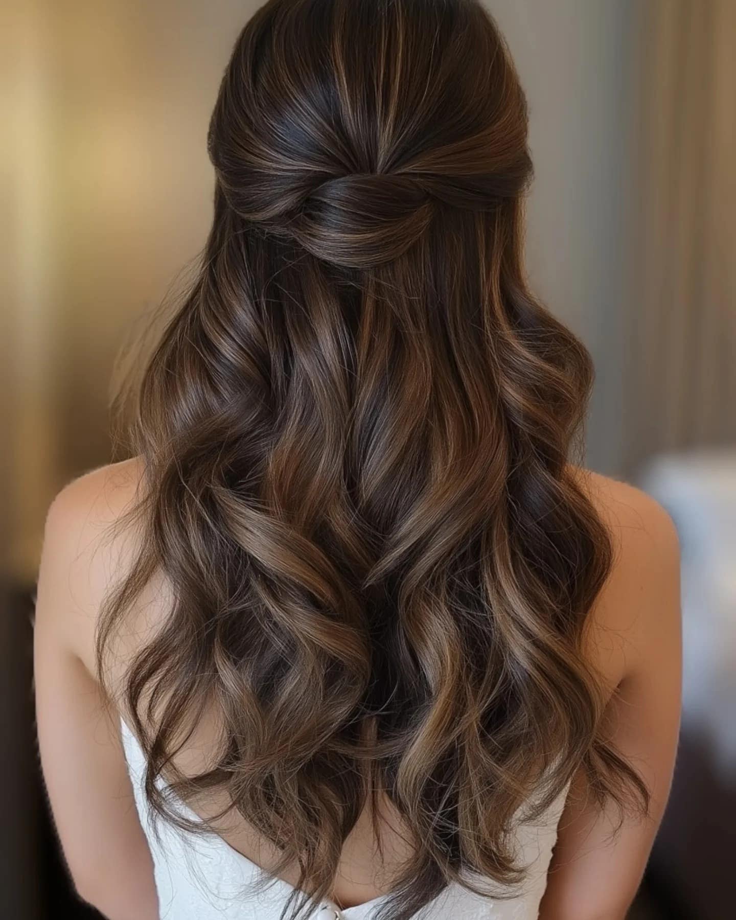 22. Rich Brunette Half-Up Twist with Loose Waves - Wedding Hairstyles