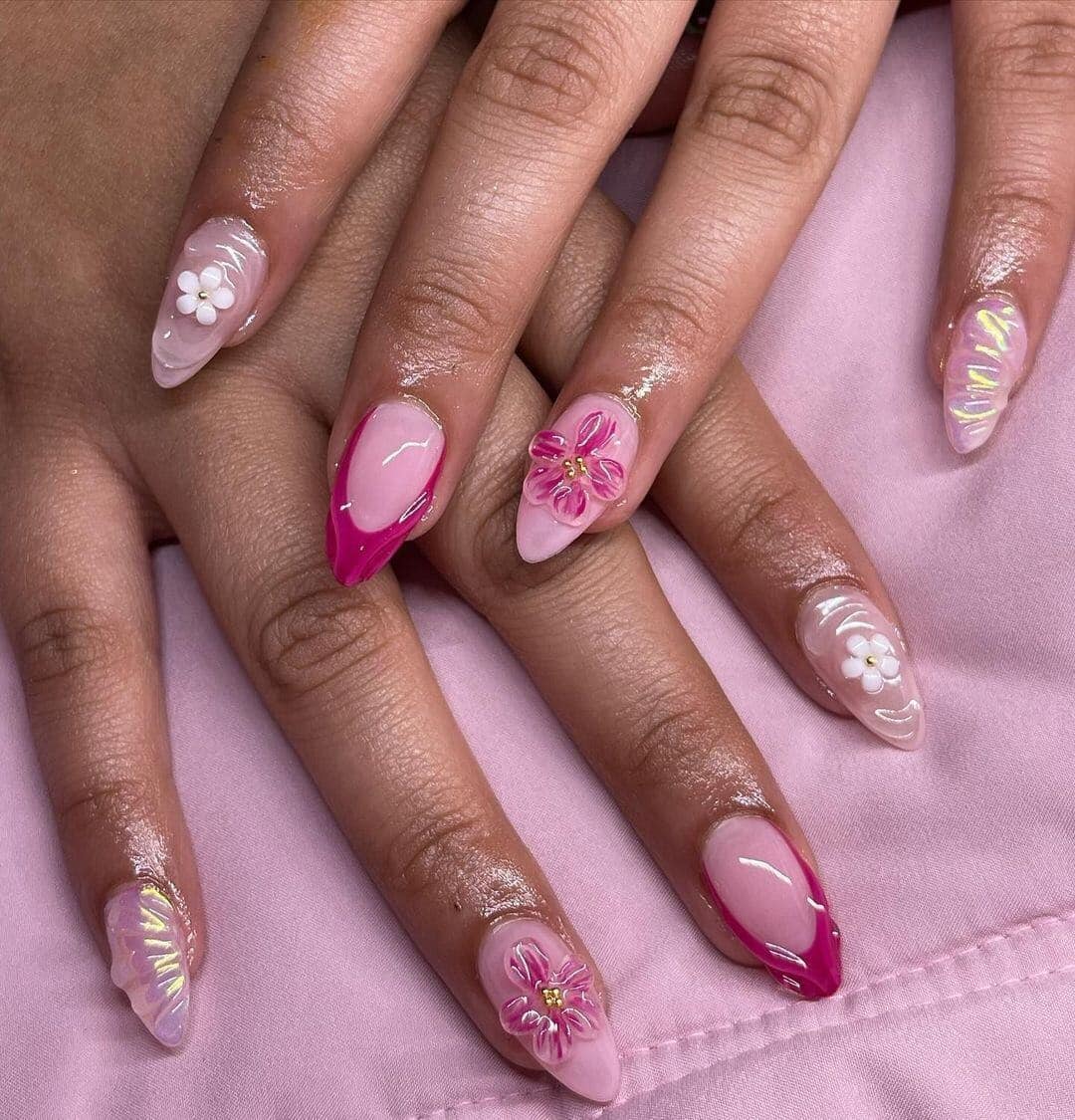 4. Pink Almond Nails with 3D Floral Art - pink almond nail ideas
