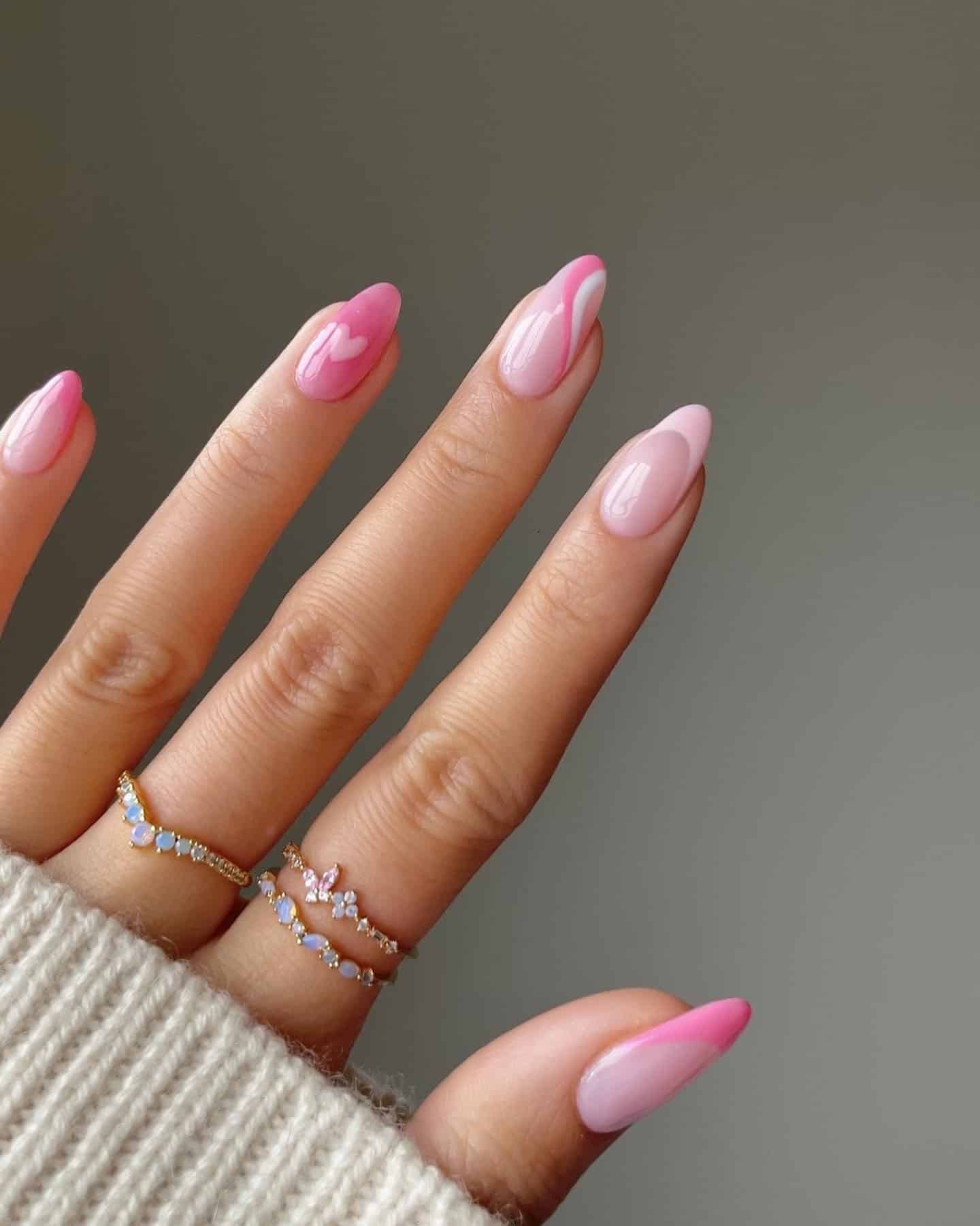 6. Two-Tone Pink Almond Nails - pink almond nail ideas