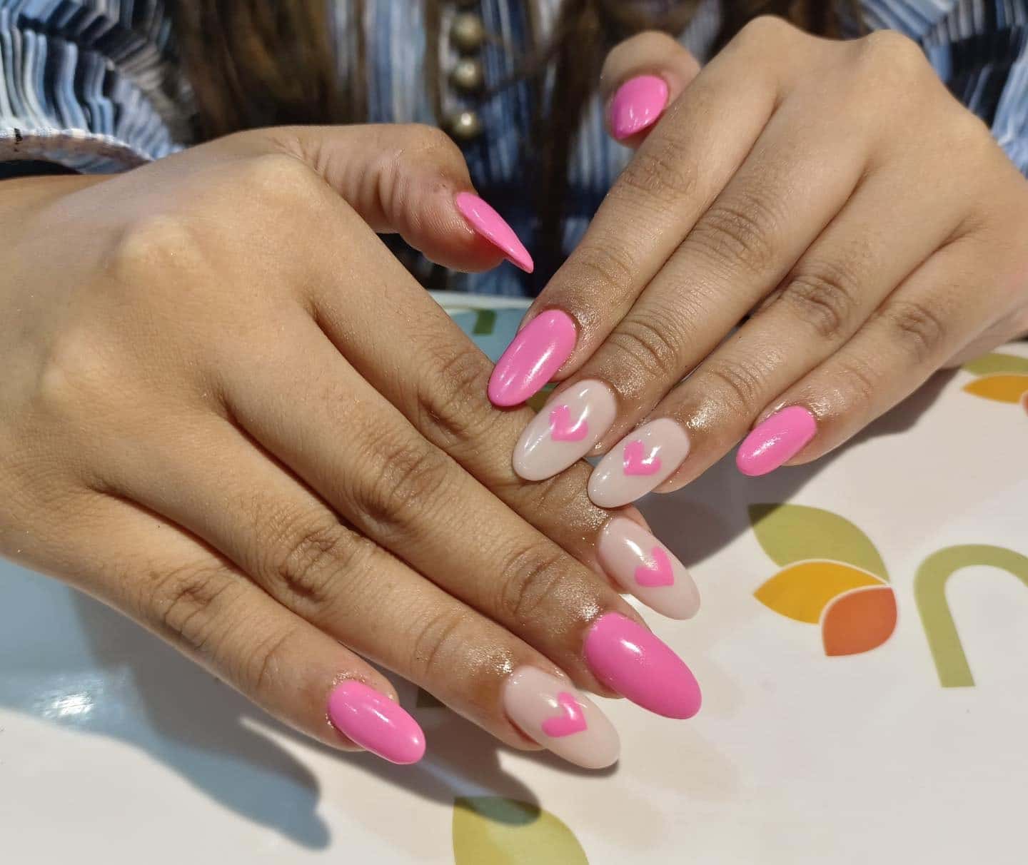 17. Almond Pink Nails with Heart Details - pink almond nail ideas