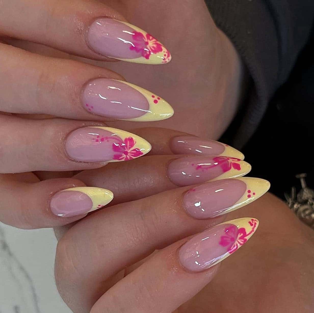 20. Tropical Almond Nails with Yellow Tips and Hibiscus Art - pink almond nail ideas