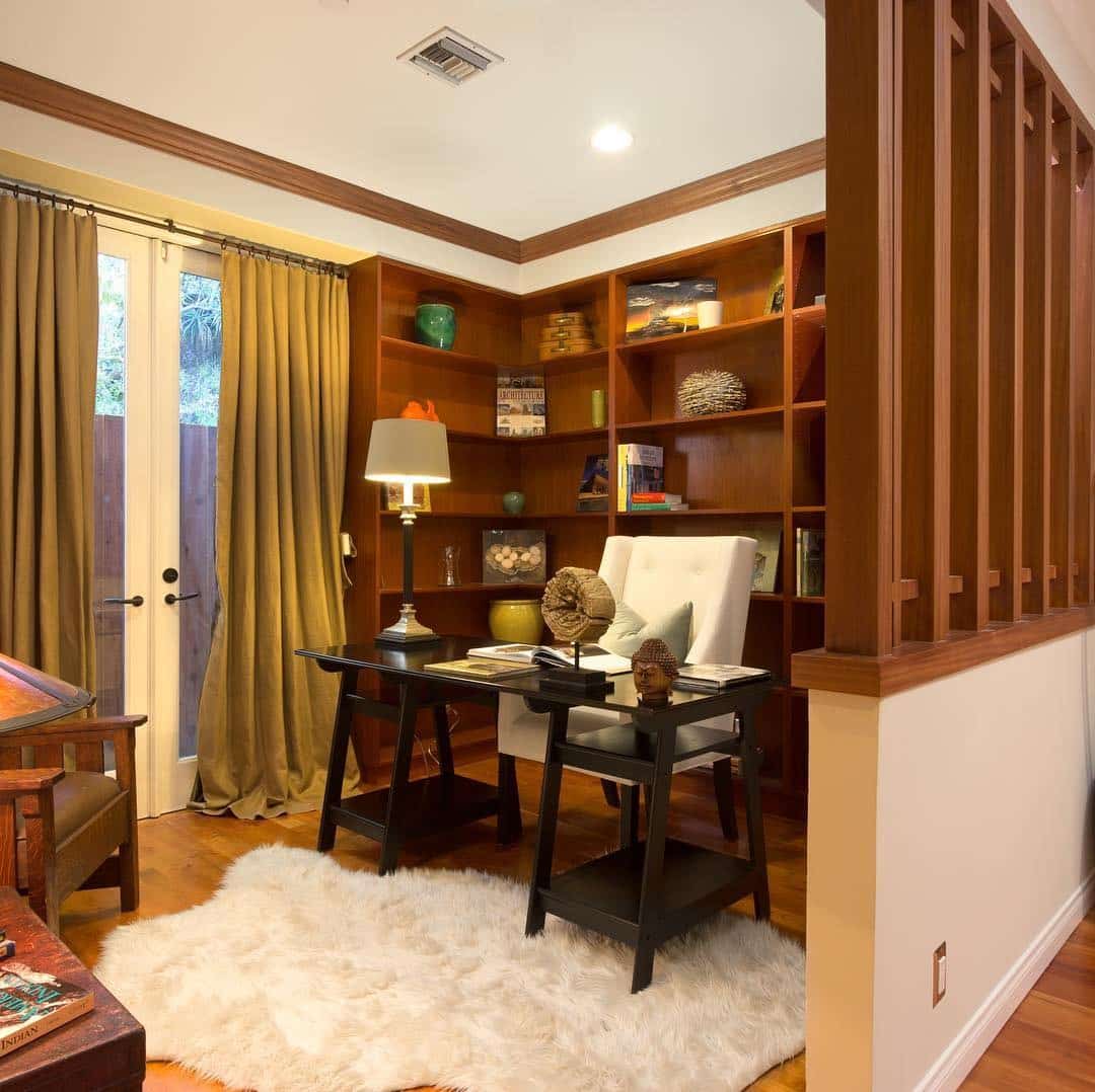 2. Warm Wood Library Office with Modern Touches - rustic home office ideas