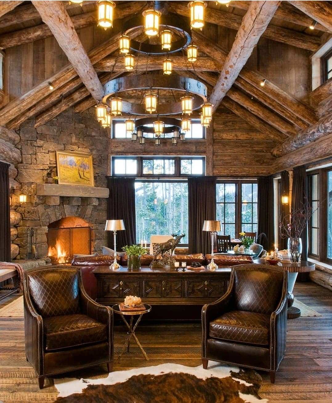 3. Lodge-Inspired Office with Stone Fireplace - rustic home office ideas