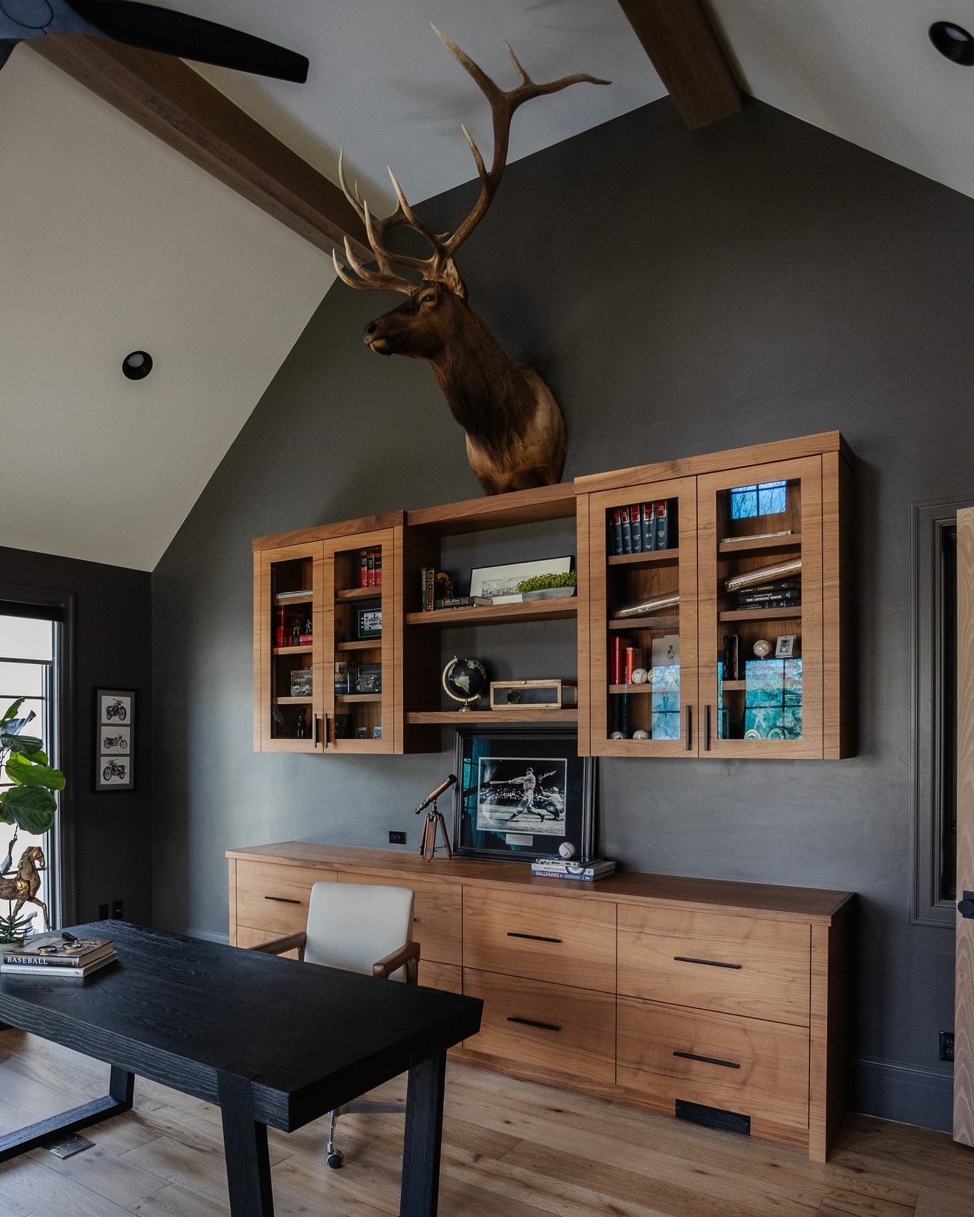 7. Modern Rustic Office with Antler Display - rustic home office ideas