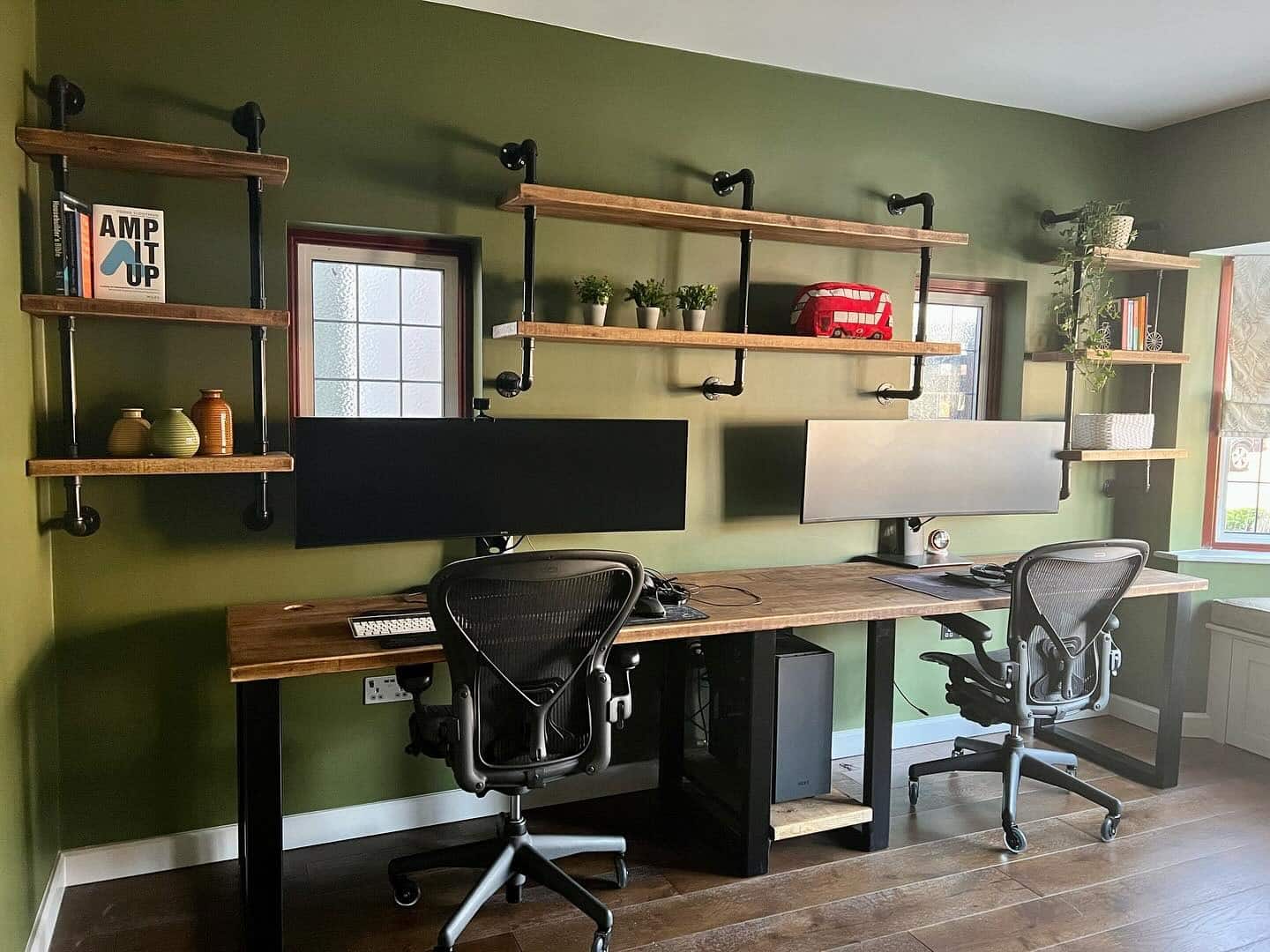 11. Industrial Rustic Double Workstation with Olive Green Walls - rustic home office ideas