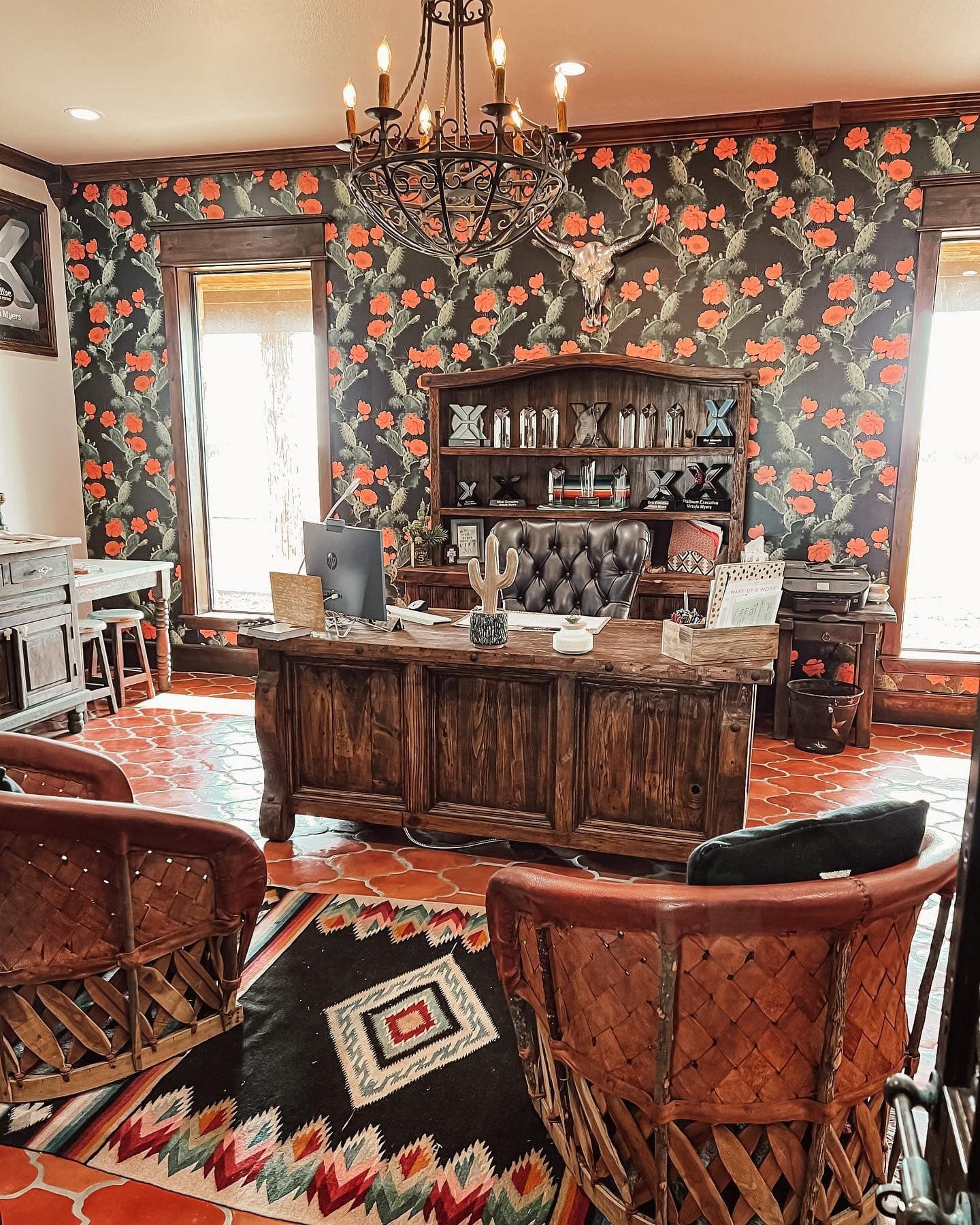 14. Southwestern Rustic Office with Bold Pattern and Color - rustic home office ideas