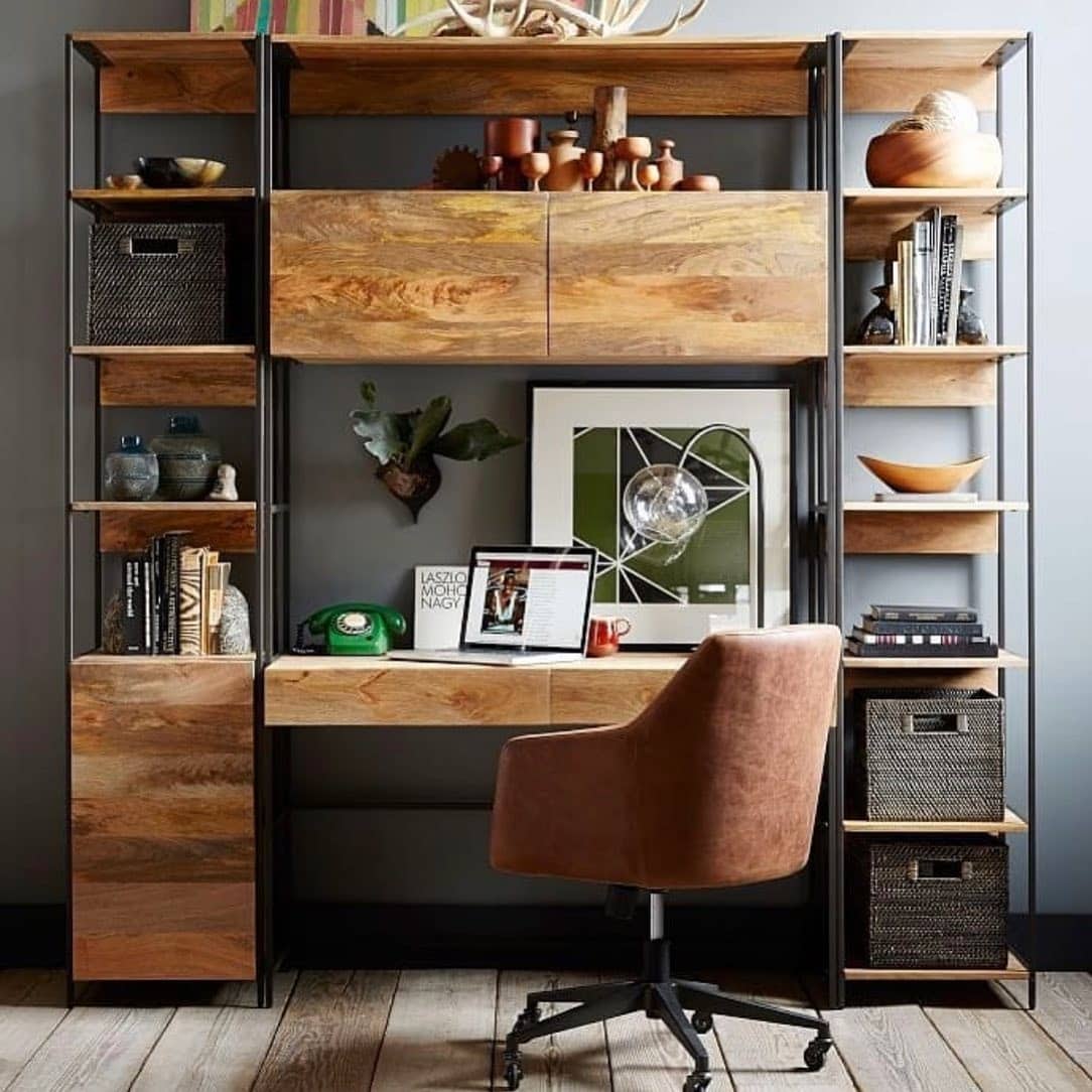 15. Contemporary Rustic Workspace with Structured Storage - rustic home office ideas