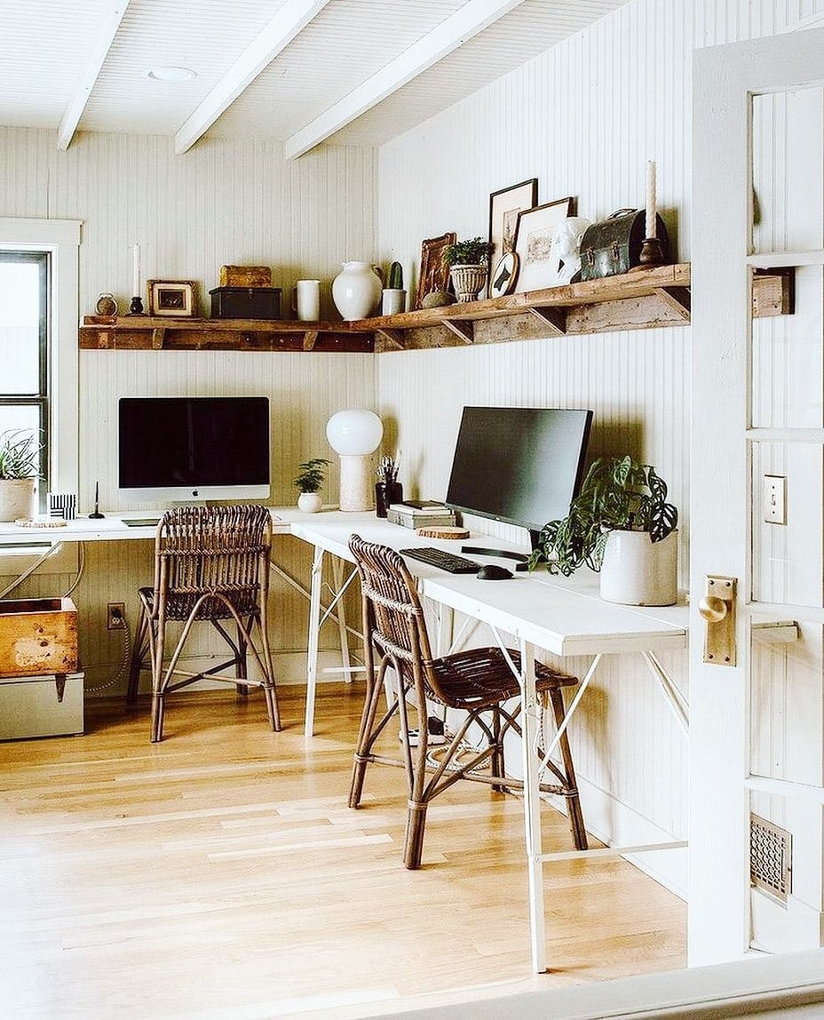 16. Light Rustic Shared Office with Natural Wood Accents - rustic home office ideas