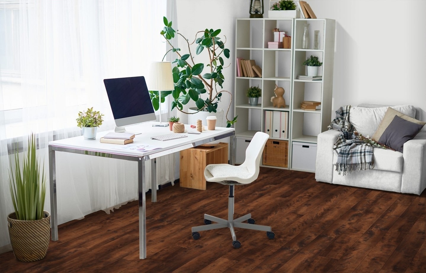 17. Minimal Rustic Office with Natural Light and Greenery - rustic home office ideas