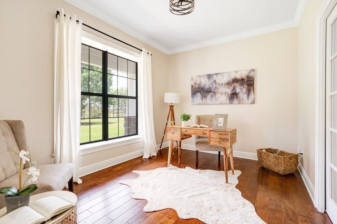 19. Soft Rustic Office with Light Wood Desk and White Accents - rustic home office ideas