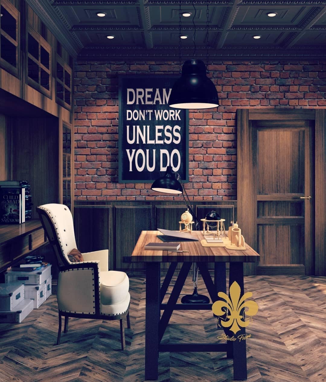 20. Rustic Brick Office with Industrial Charm - rustic home office ideas