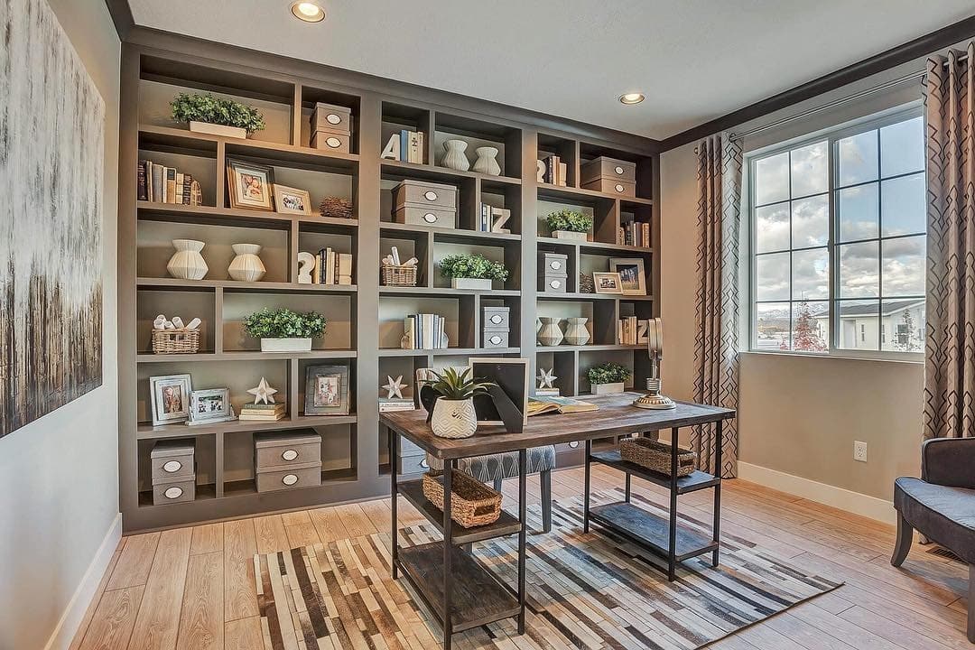 21. Structured Rustic Office with Built-In Shelving and Neutral Tones - rustic home office ideas
