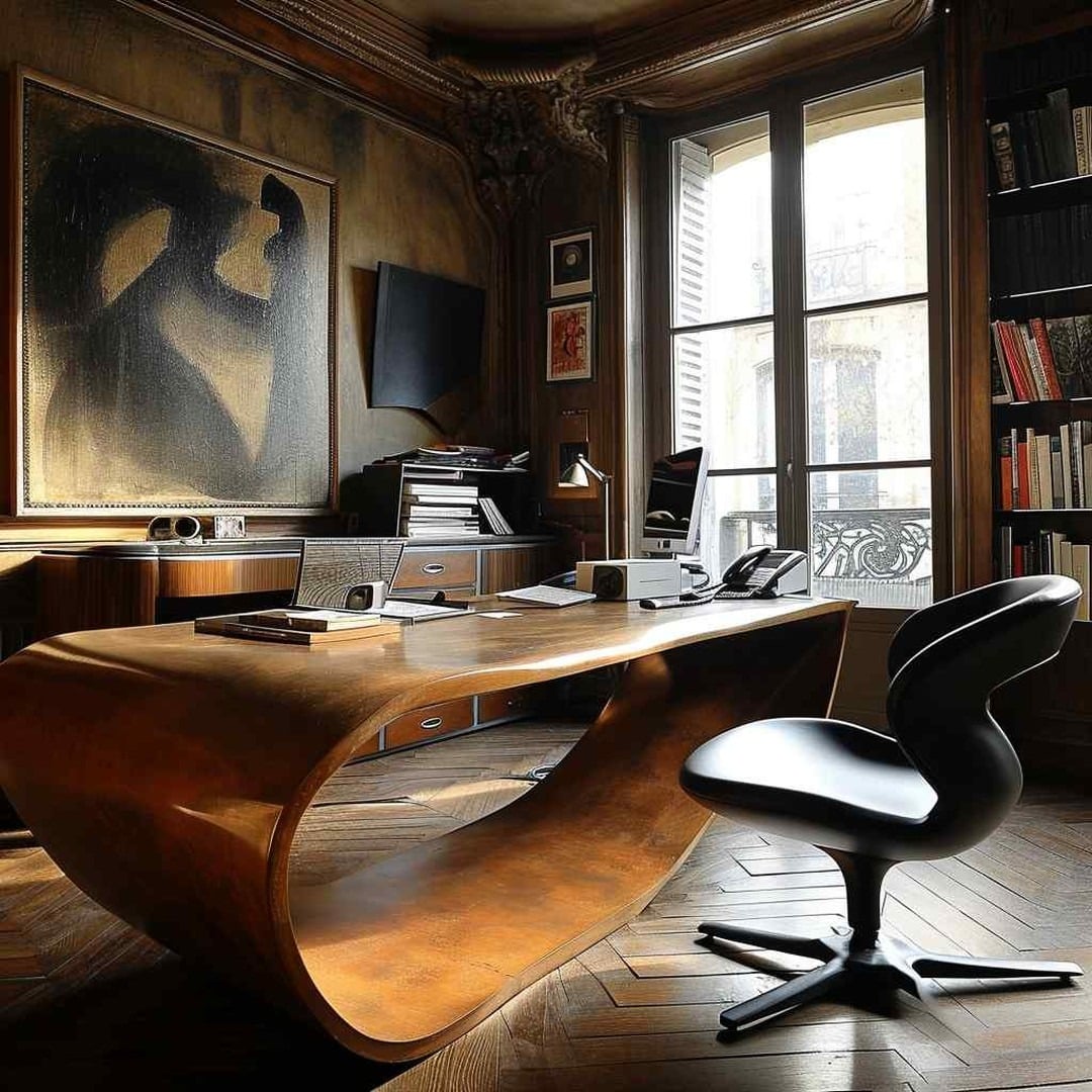 22. Artful Rustic Office with Sculptural Desk and Dark Finishes - rustic home office ideas