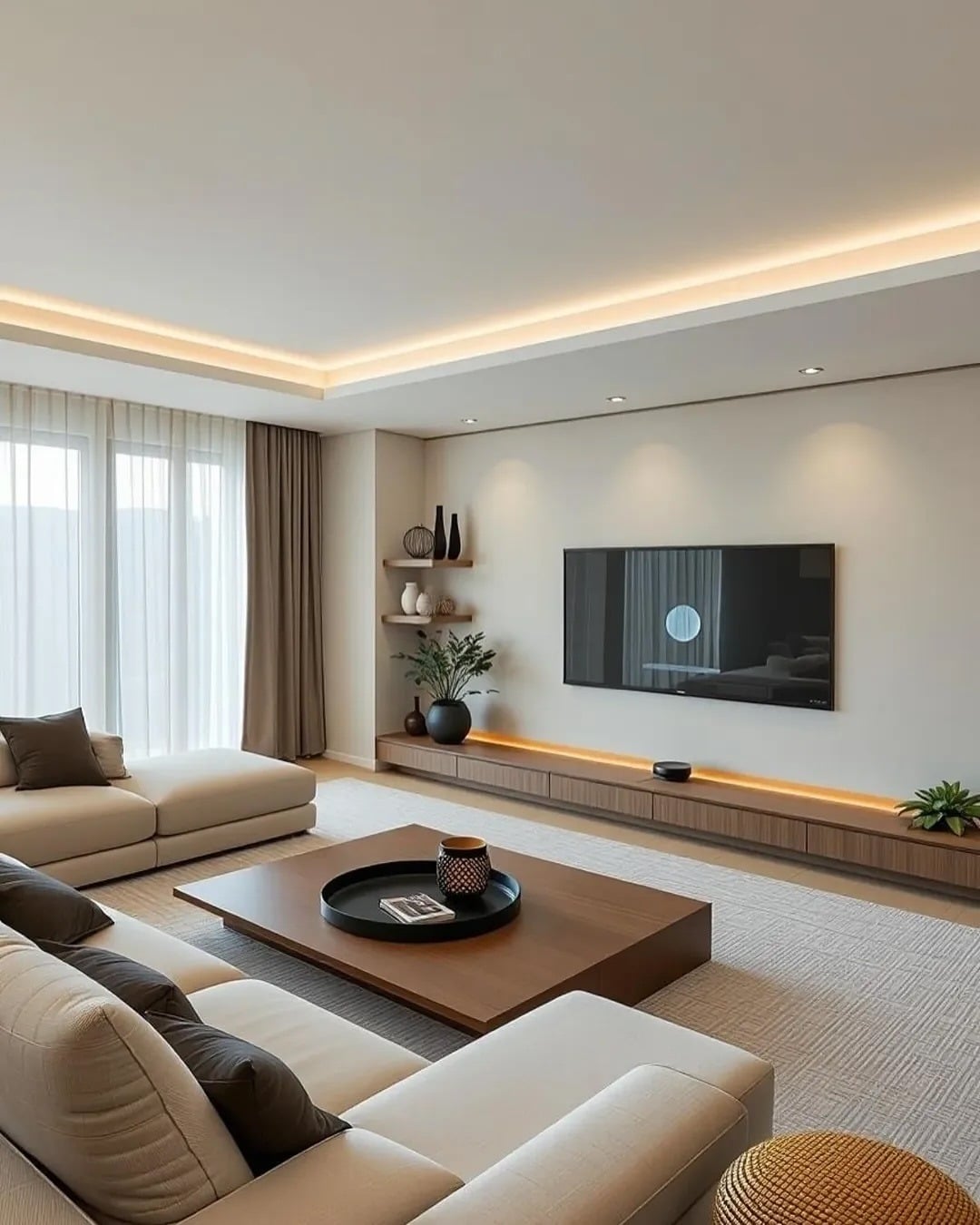 12. Modern Elegance with Warm Lighting - living room decor ideas