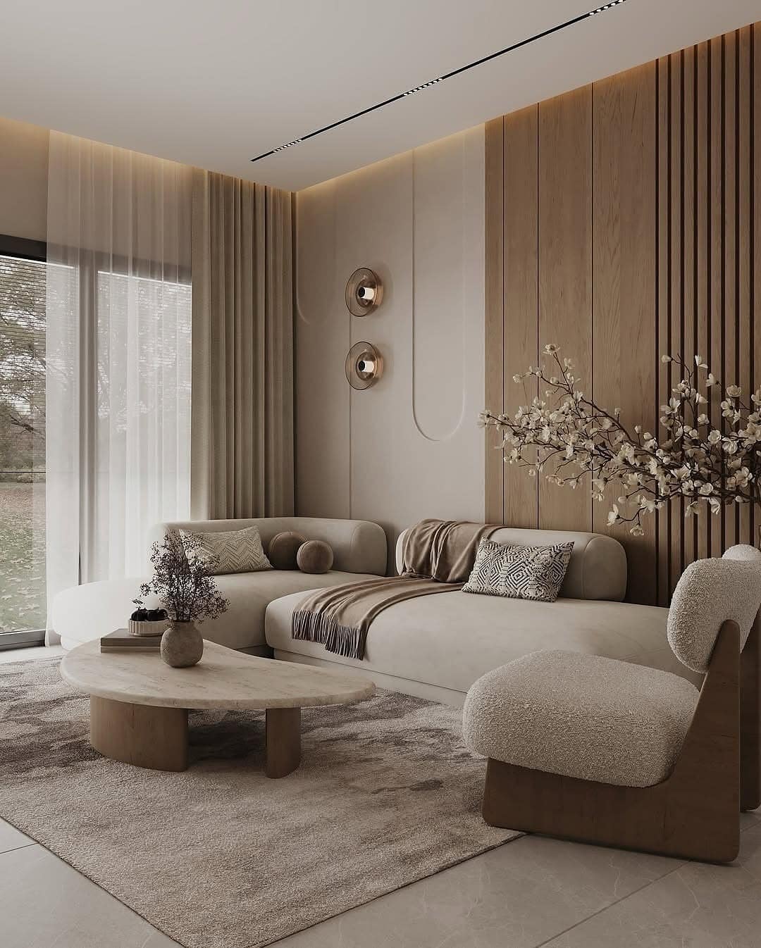 14. Sculpted Neutrals with Wood Accents - living room decor ideas