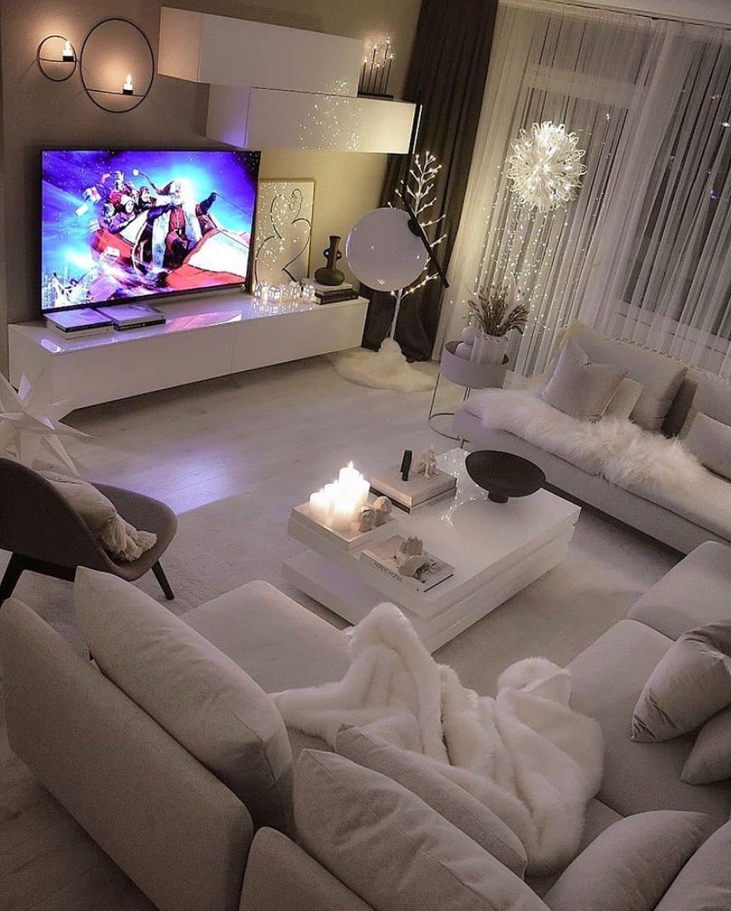 16. Winter Glow with Luxe Whites - living room decor ideas