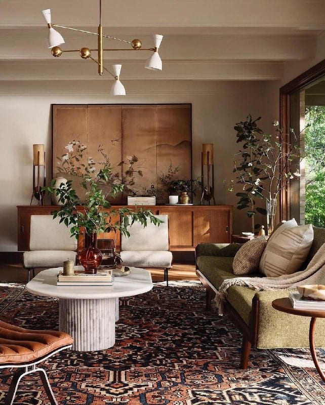 22. Mid-Century Warmth with Earthy Tones - living room decor ideas