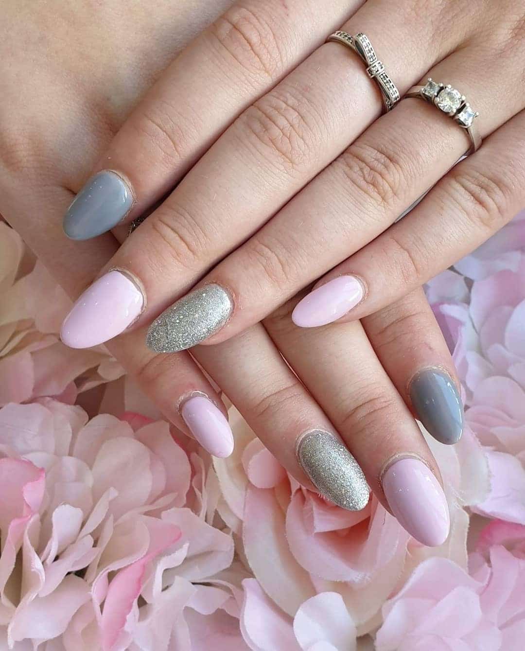 1. Soft Elegance in Pink, Grey & Silver - pink and grey nail ideas