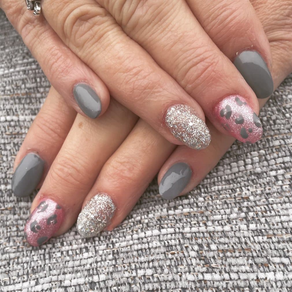 5. Grey and Pink Spark with Leopard Accents - pink and grey nail ideas