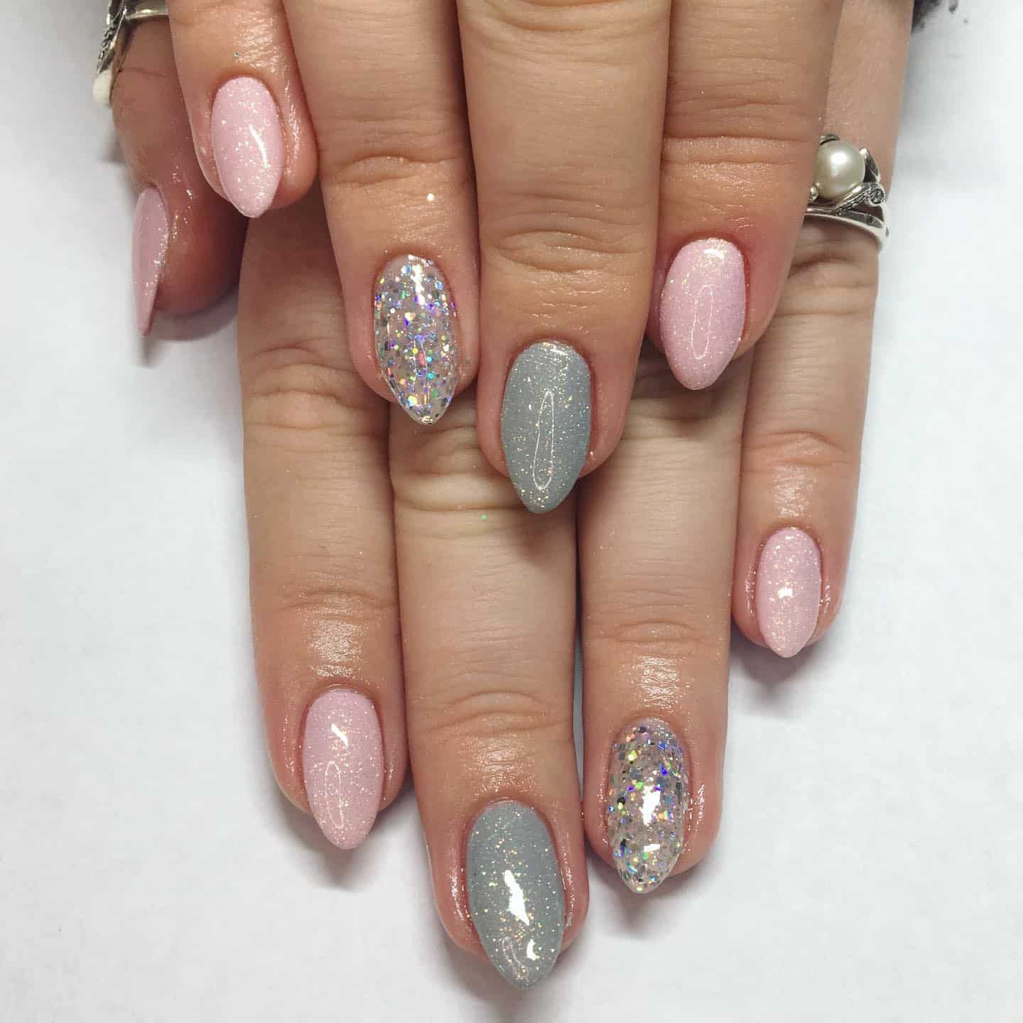 6. Sparkling Pink and Grey with Holographic Accents - pink and grey nail ideas
