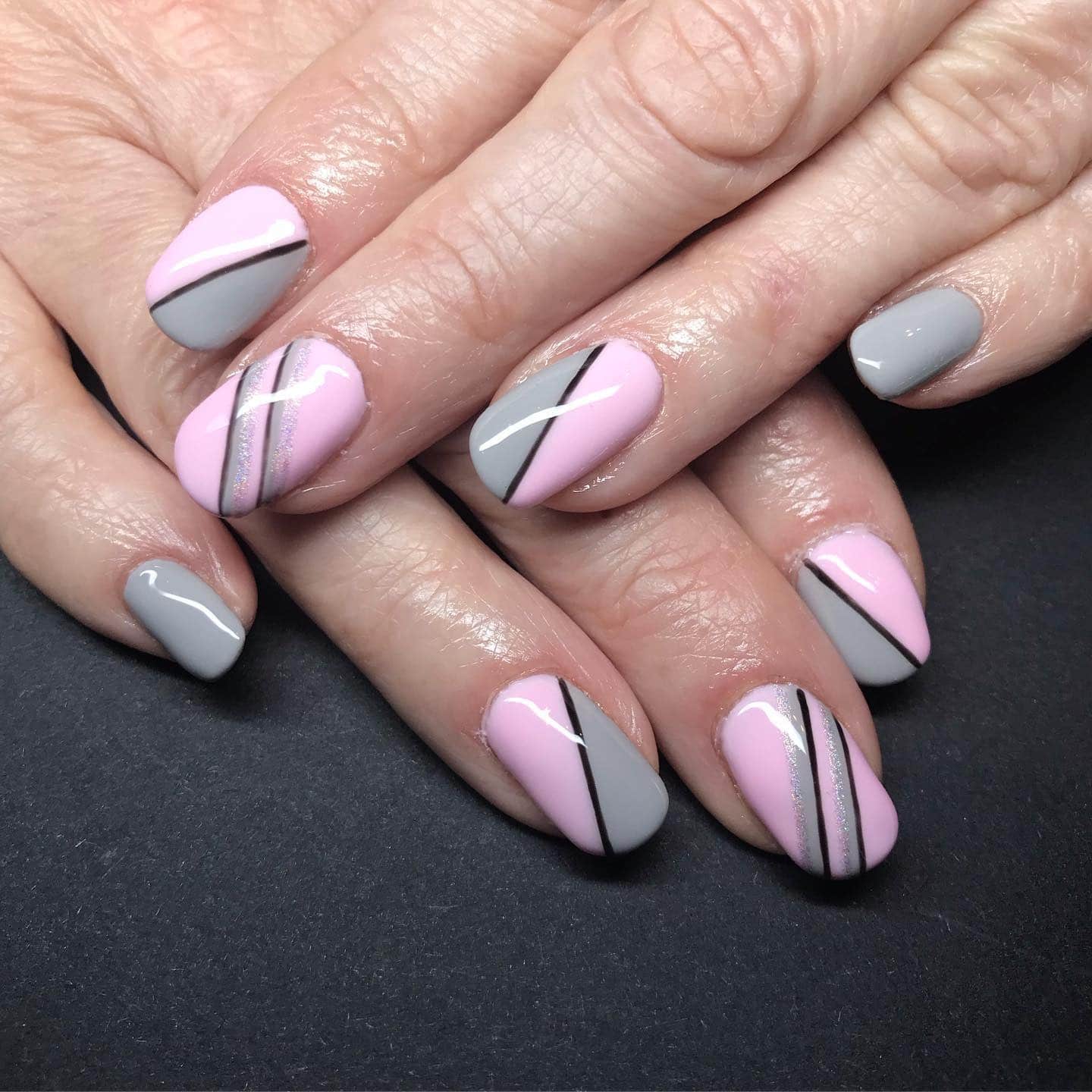 8. Geometric Pink and Grey Chic - pink and grey nail ideas