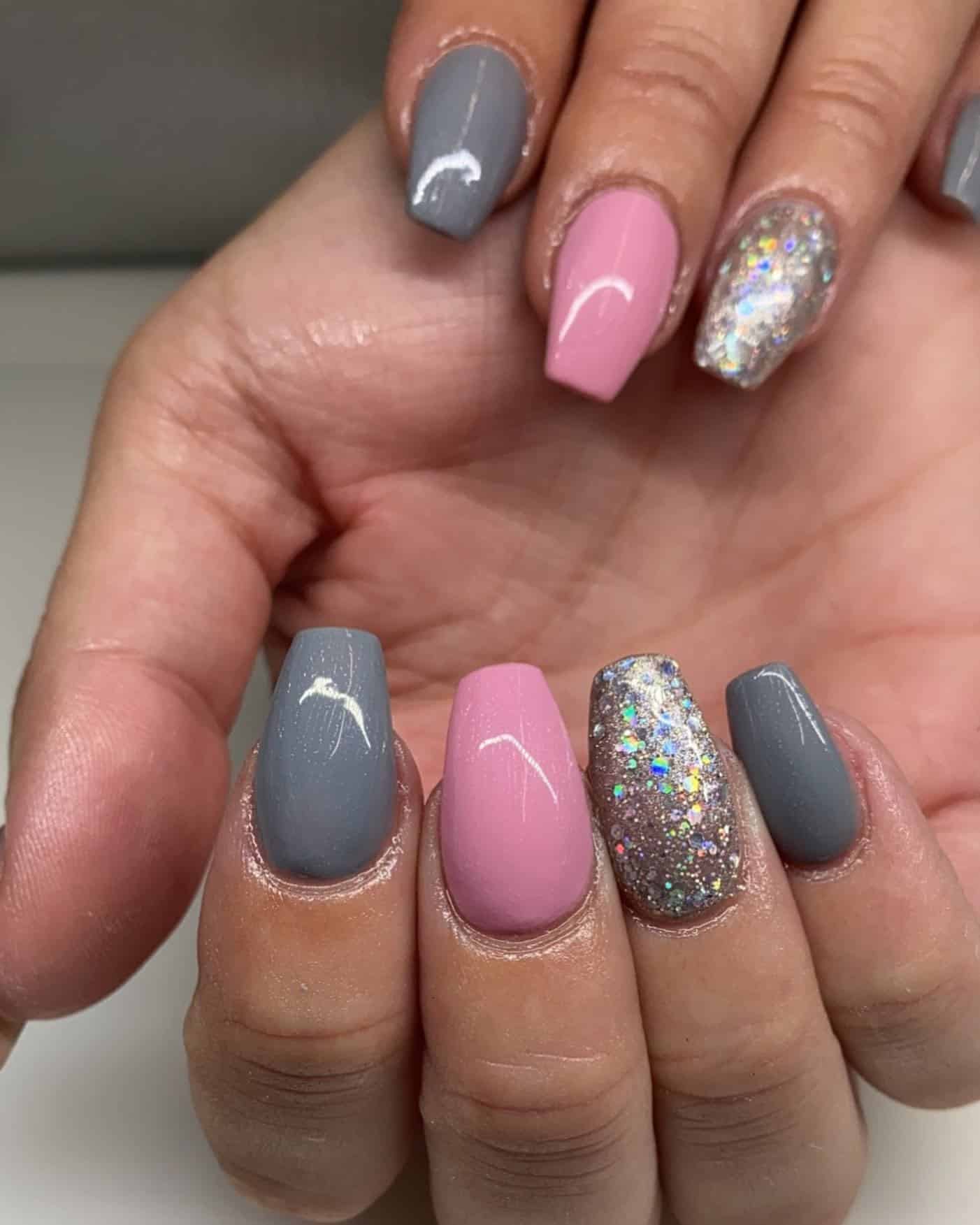 10. Glossy Pink and Grey with Silver Sparkle - pink and grey nail ideas