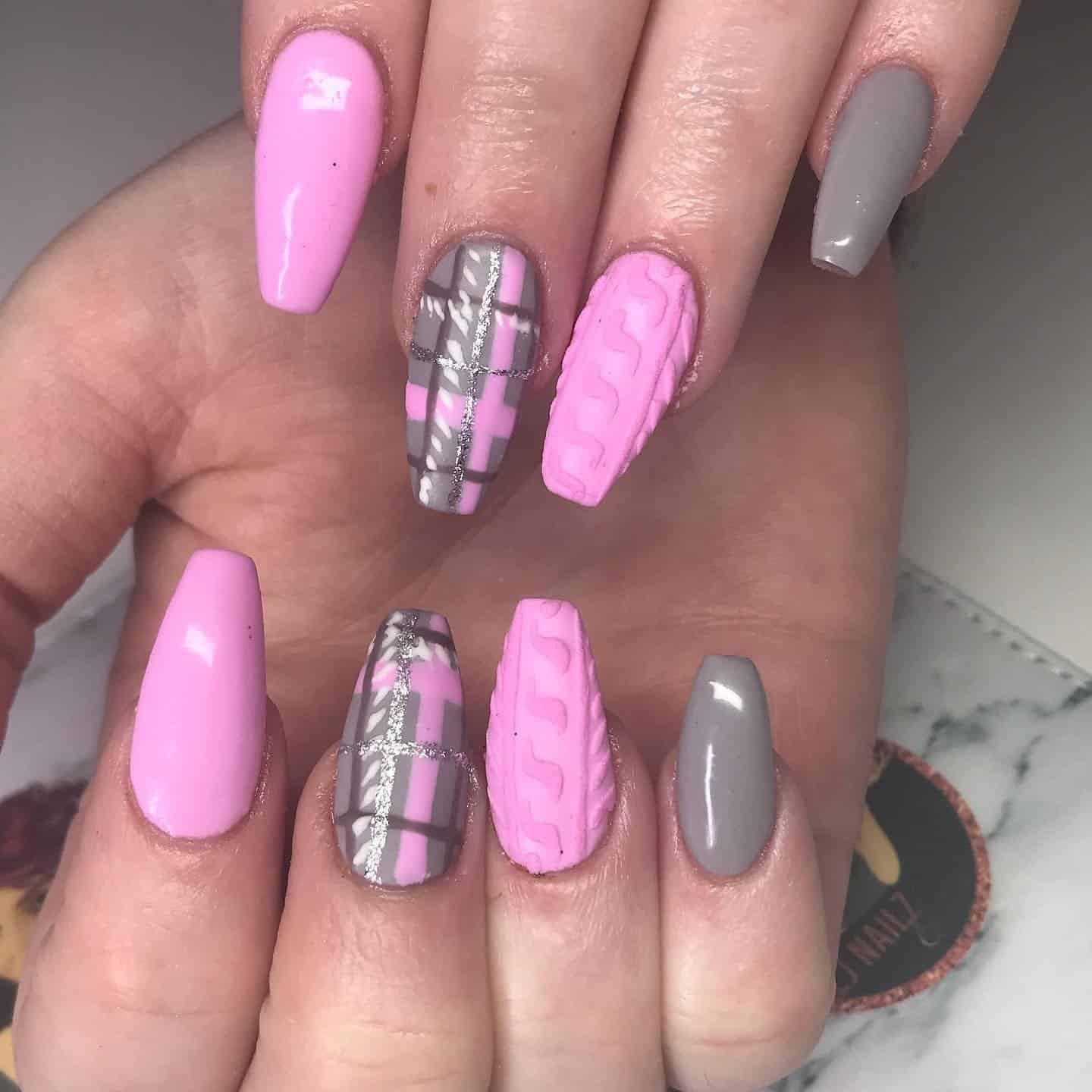 11. Pink and Grey Sweater-Inspired Plaid - pink and grey nail ideas