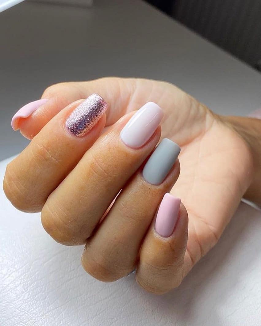 14. Soft Pastel Mix with Glitter Accent - pink and grey nail ideas
