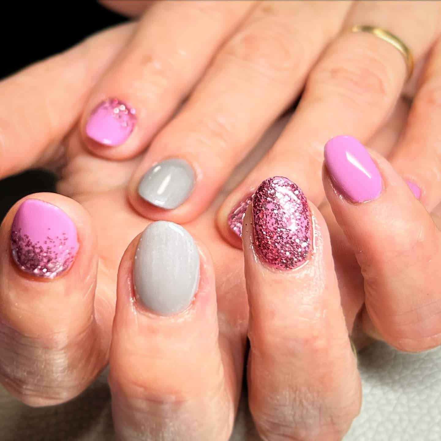 17. Pink Glitter and Grey Spark Mix - pink and grey nail ideas