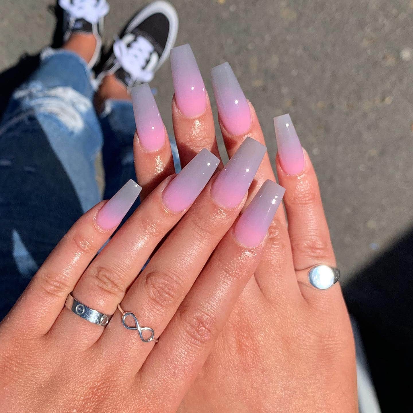 18. Gradient Ombre Pink and Grey Coffin - pink and grey nail ideas
