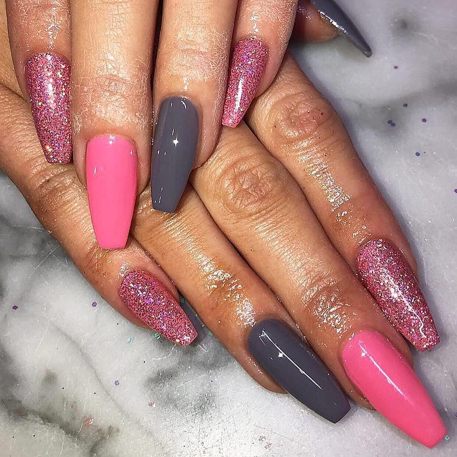 19. Bright Pink and Grey with Glitter Pop - pink and grey nail ideas