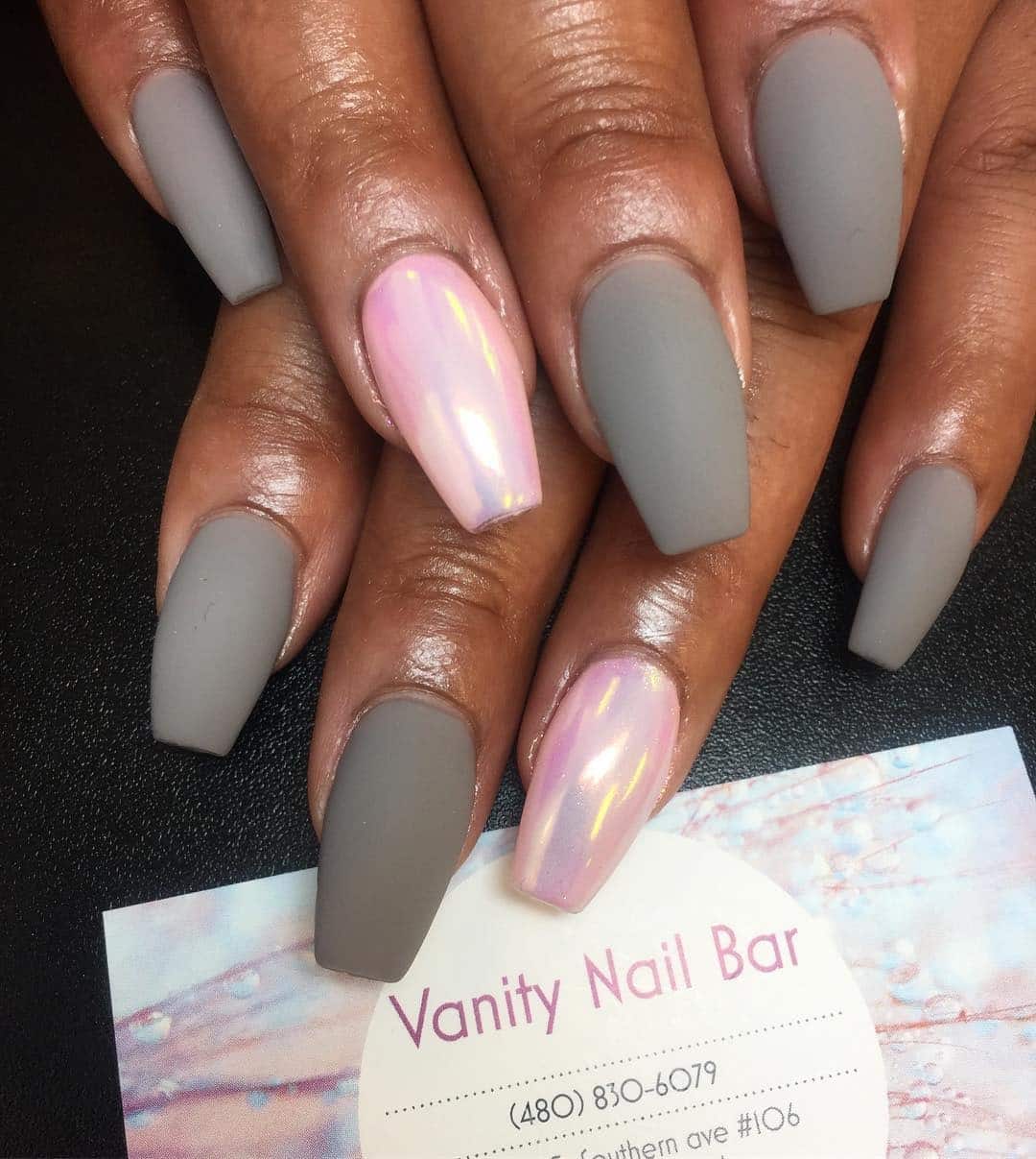 21. Matte Grey with Iridescent Pink Accents - pink and grey nail ideas