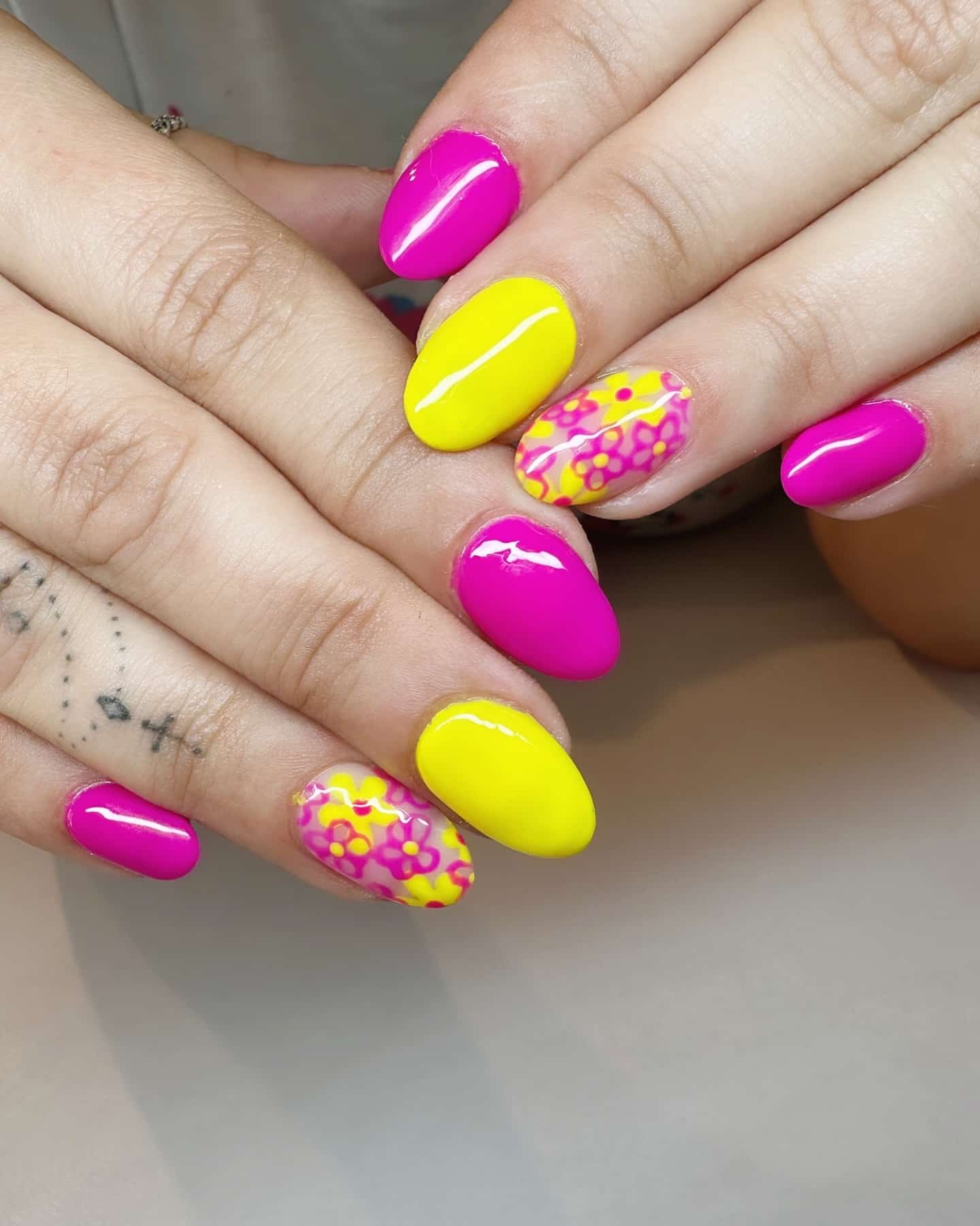 1. Vibrant Sunshine Florals - pink and yellow nail ideas