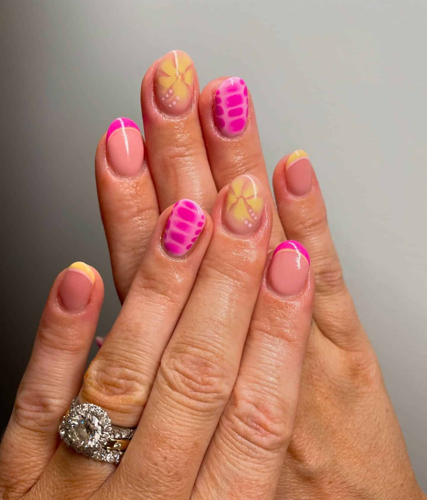 8. Geometric Blooms and Accents - pink and yellow nail ideas