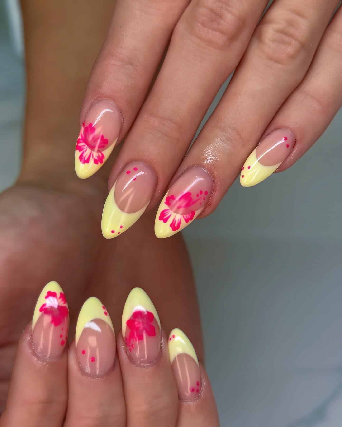 9. Bold Bloom French Tips - pink and yellow nail ideas