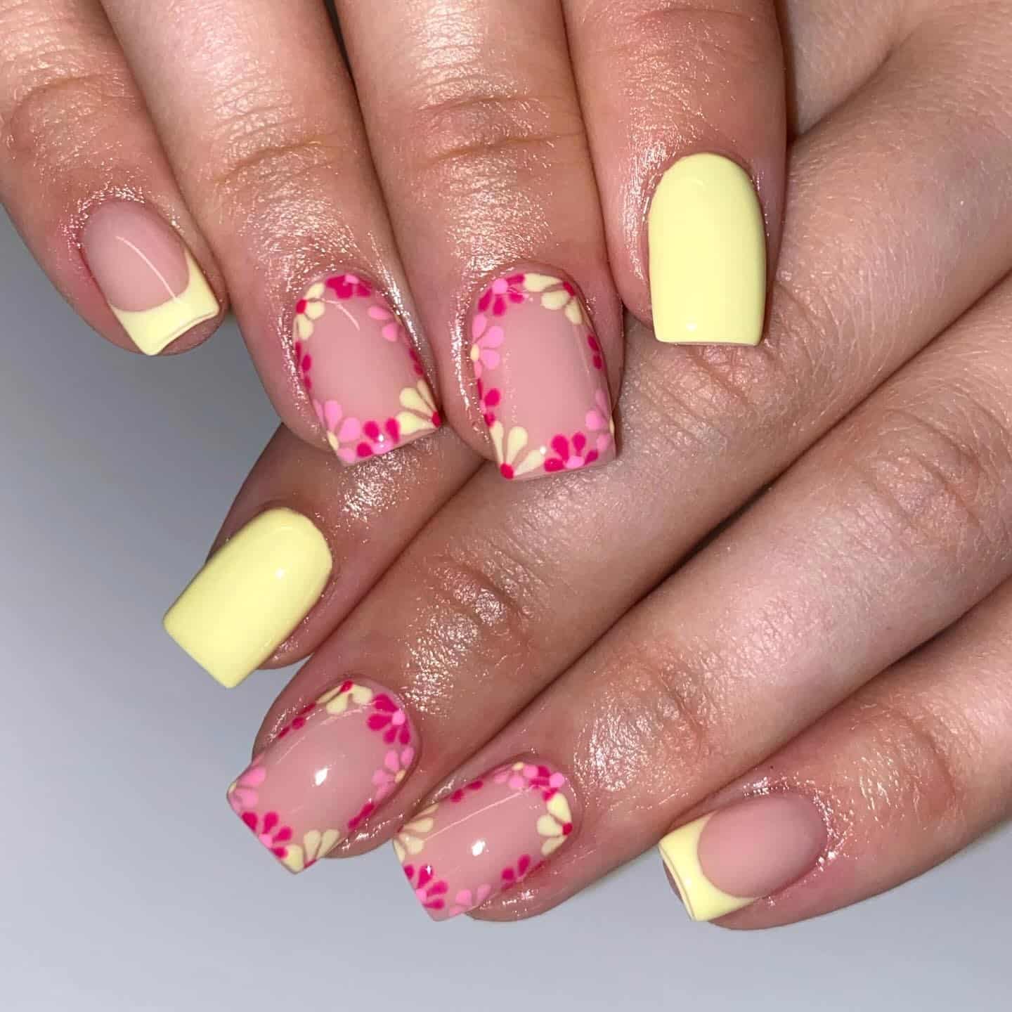 10. Daisy Border Charm - pink and yellow nail ideas