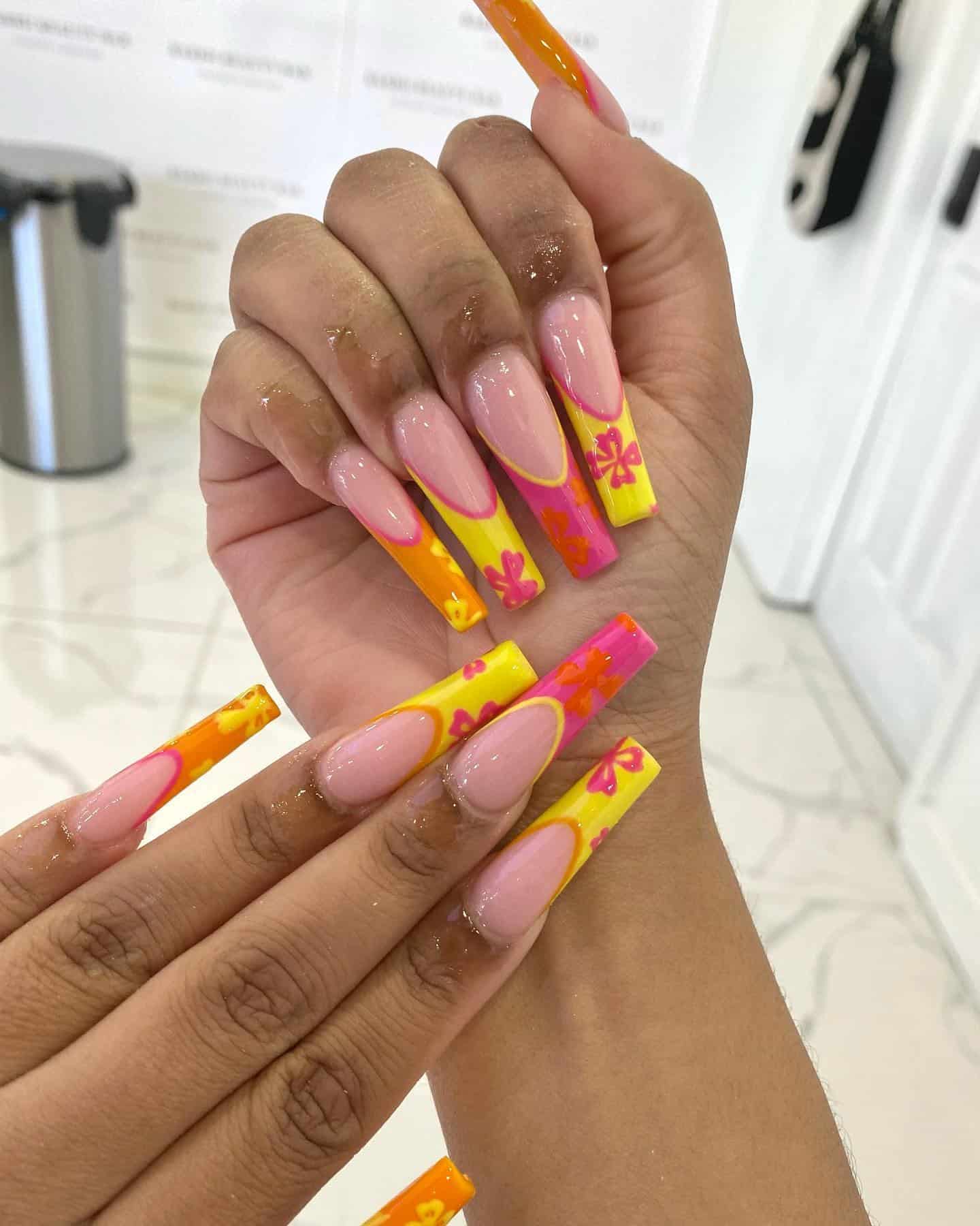 11. Sunset Tropics Coffin Nails - pink and yellow nail ideas