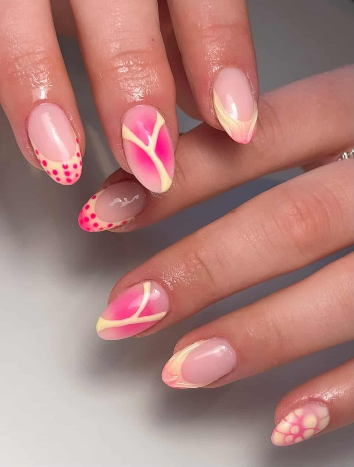 13. Playful Mix Art Nails - pink and yellow nail ideas