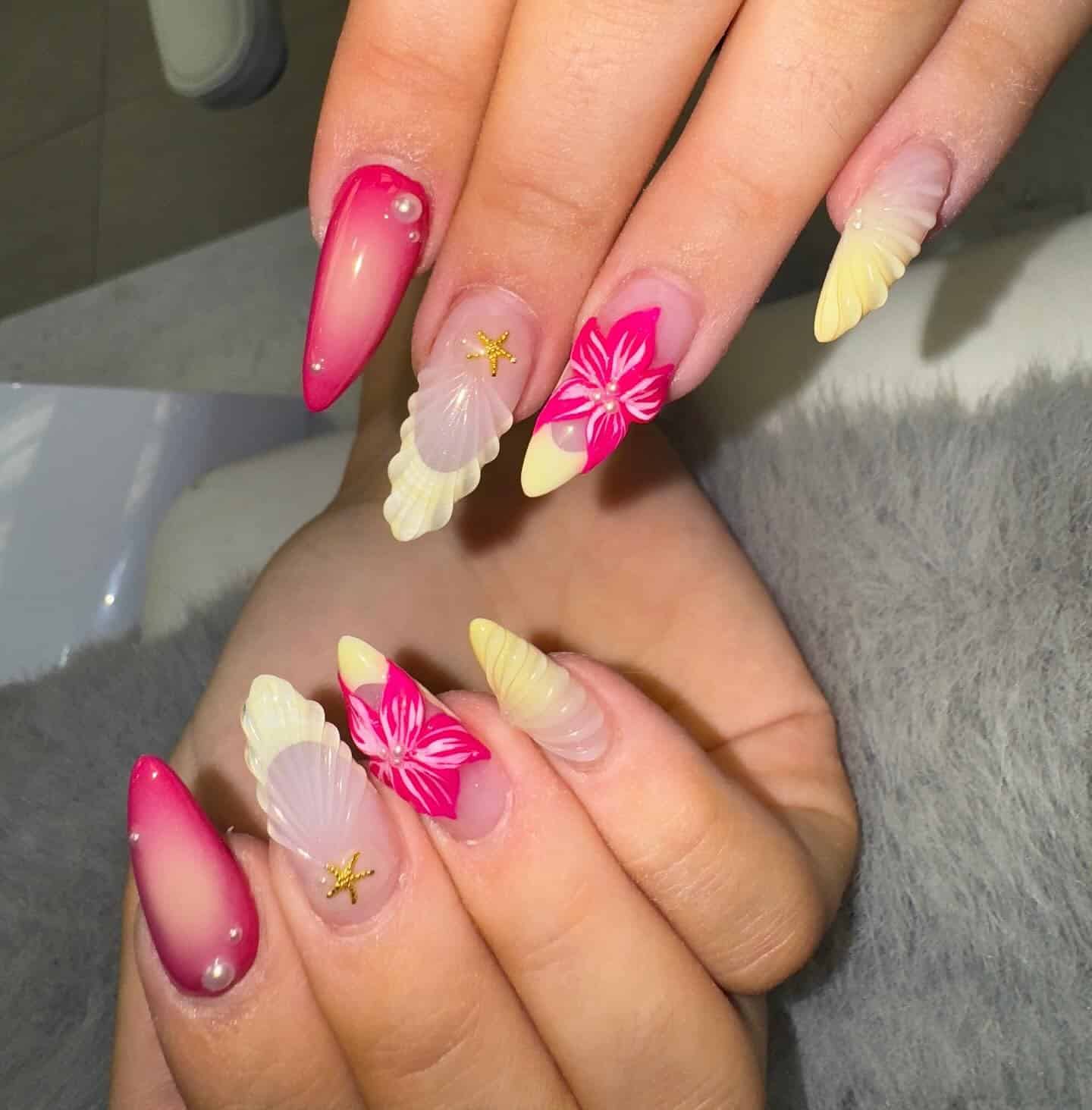 16. 3D Tropical Fantasy Nails - pink and yellow nail ideas
