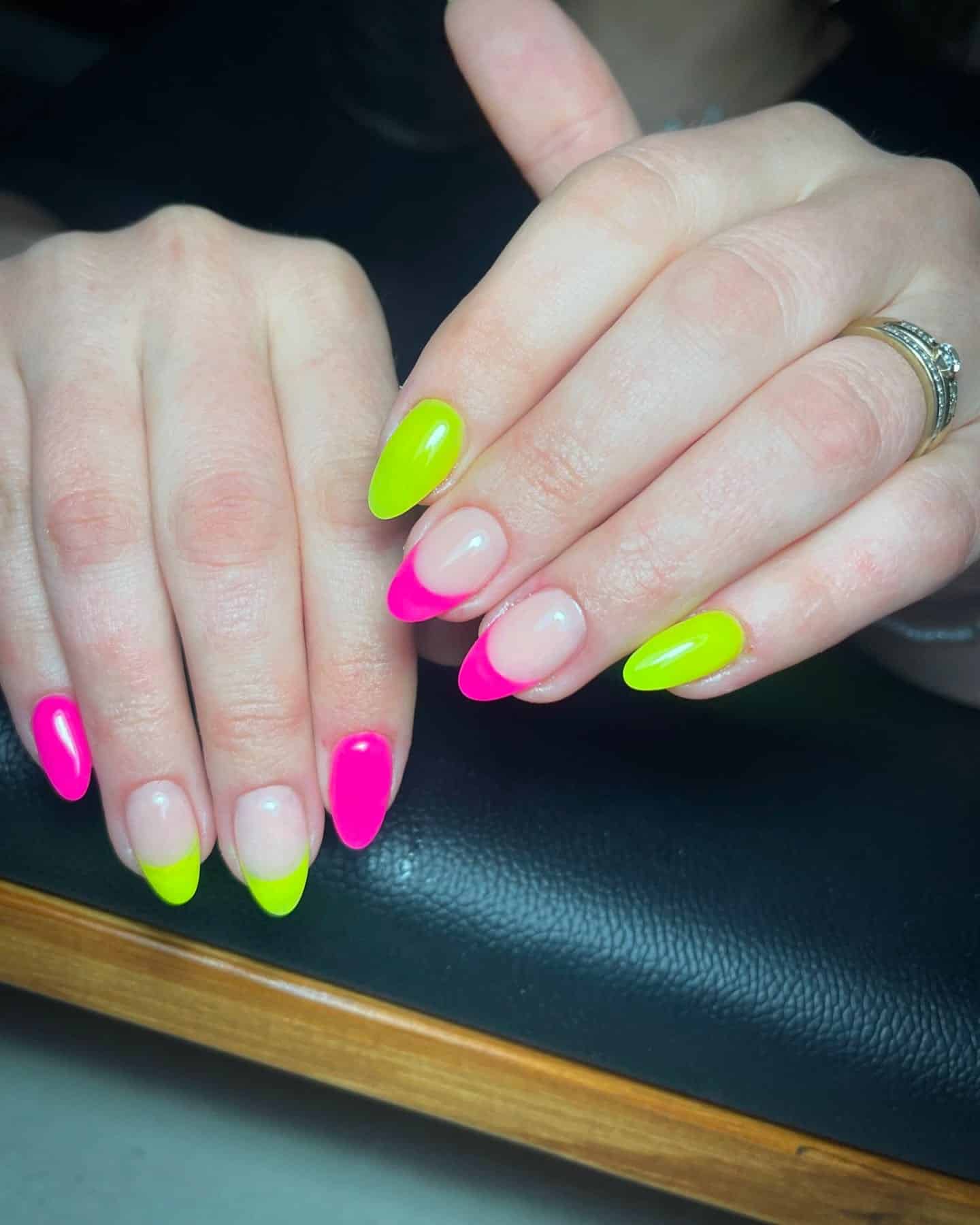 17. Dual Neon French Tips - pink and yellow nail ideas